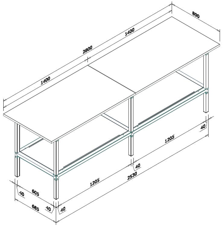 Banco per lavoro di metallo zincato con piano nobilitato cm. 280x80x93h