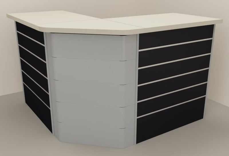 Composizione banco cassa angolare con pannello dogato per esposizione negozio abbigliamento cm. 156x156x106h