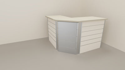 Composizione banco cassa angolare con pannello dogato per esposizione negozio abbigliamento cm. 156x156x106h