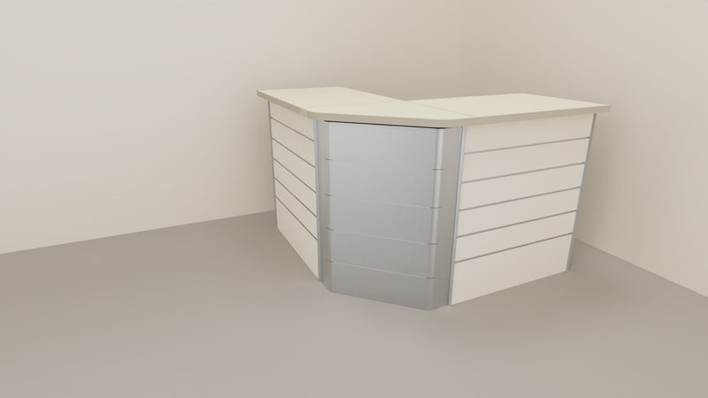 Composizione banco cassa angolare con pannello dogato per esposizione negozio abbigliamento cm. 156x156x106h