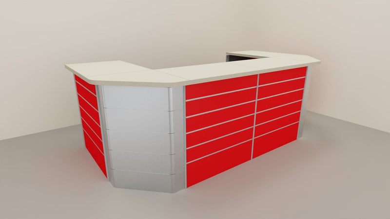 Composizione banco cassa angolare con pannello dogato per esposizione negozio abbigliamento cm. 156x156x106h