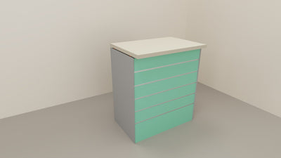 Composizione banco cassa angolare con pannello dogato per esposizione negozio abbigliamento cm. 156x156x106h