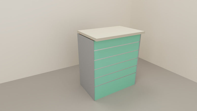 Composizione banco cassa angolare con pannello dogato per esposizione negozio abbigliamento cm. 156x156x106h