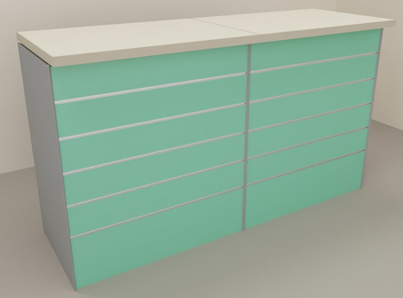 Banco cassa espositivo da negozio con pannello dogato in vari colori cm. 184x64x106h