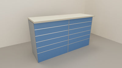 Banco cassa espositivo da negozio con pannello dogato in vari colori cm. 184x64x106h