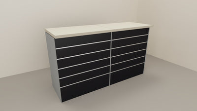 Banco cassa espositivo da negozio con pannello dogato in vari colori cm. 184x64x106h