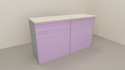 Banco cassa espositivo da negozio con pannello dogato in vari colori cm. 184x64x106h