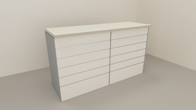 Banco cassa espositivo da negozio con pannello dogato in vari colori cm. 184x64x106h