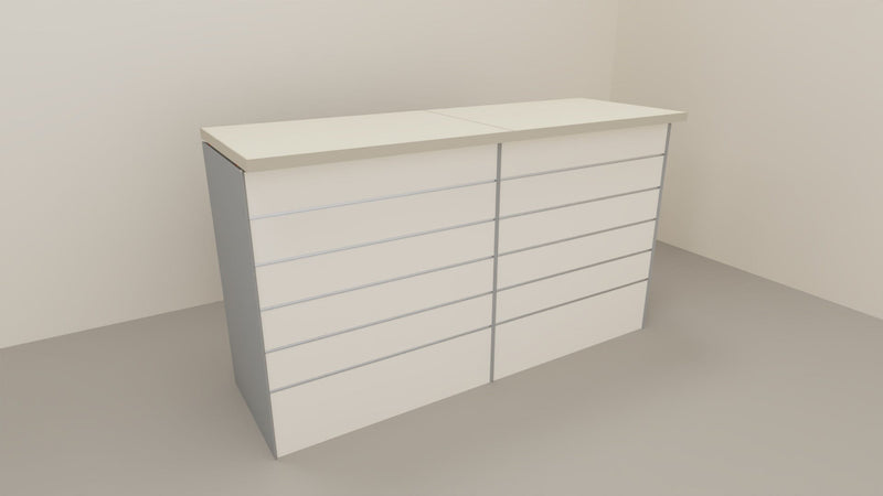 Banco cassa espositivo da negozio con pannello dogato in vari colori cm. 184x64x106h