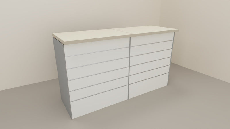 Banco cassa espositivo da negozio con pannello dogato in vari colori cm. 184x64x106h