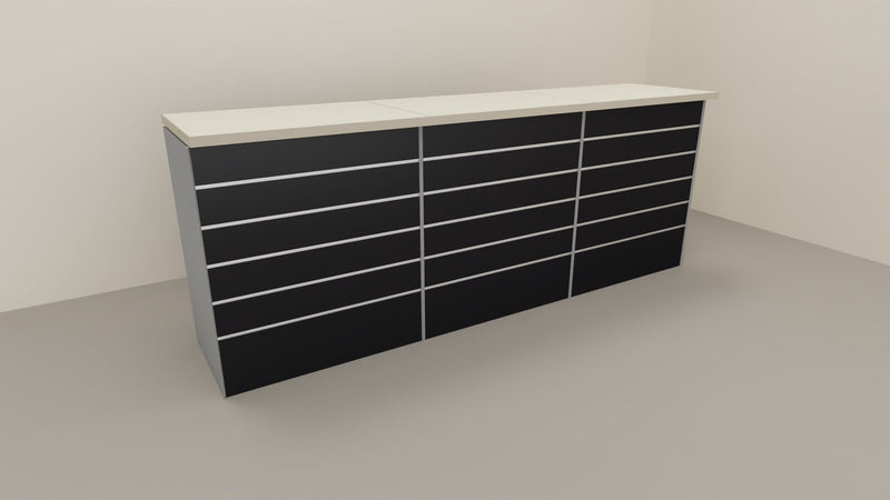 Bancone vendita per negozio con pannello dogato anteriore cm. 276x64x106h