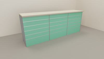 Bancone vendita per negozio con pannello dogato anteriore cm. 276x64x106h