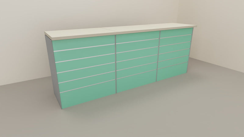 Bancone vendita per negozio con pannello dogato anteriore cm. 276x64x106h