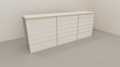 Bancone vendita per negozio con pannello dogato anteriore cm. 276x64x106h