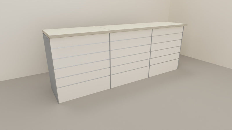 Bancone vendita per negozio con pannello dogato anteriore cm. 276x64x106h