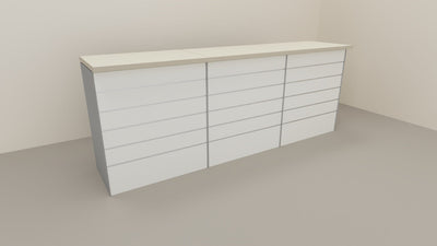 Bancone vendita per negozio con pannello dogato anteriore cm. 276x64x106h