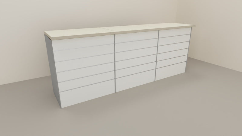 Bancone vendita per negozio con pannello dogato anteriore cm. 276x64x106h