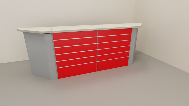 Bancone vendita per negozio con pannello dogato anteriore cm. 276x64x106h