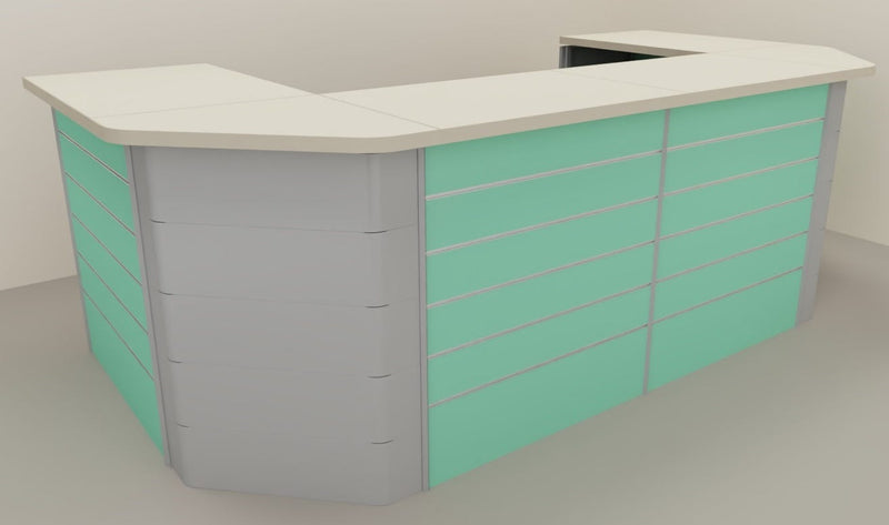 Banco vendita angolare con pannello dogato frontale da negozio abbigliamento cm. 312x156x106h