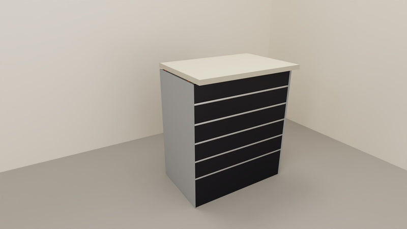 Banco vendita angolare con pannello dogato frontale da negozio abbigliamento cm. 312x156x106h