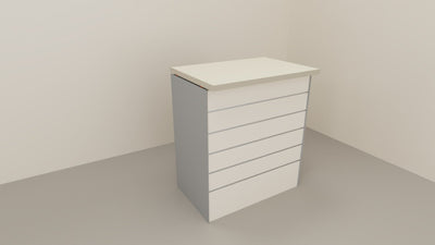 Banco vendita angolare con pannello dogato frontale da negozio abbigliamento cm. 312x156x106h