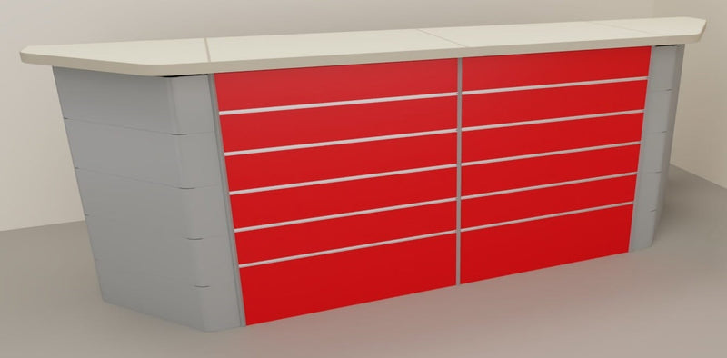 Bancone vendita dritto per negozio con pannello dogato frontale cm. 312x64x106h