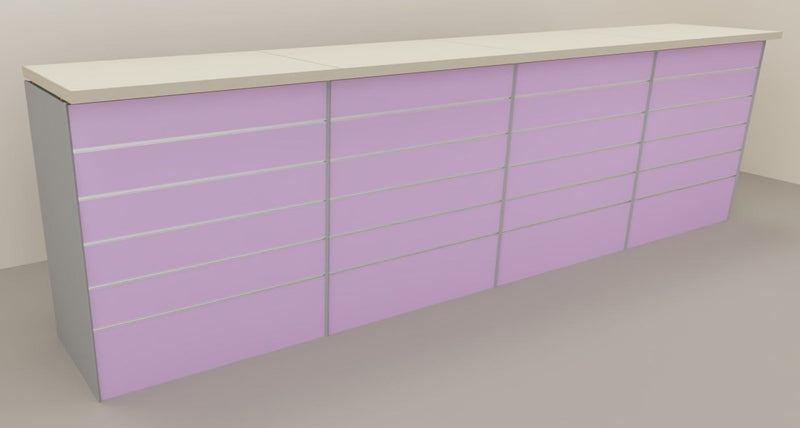 Banco cassa espositivo da negozio con pannello dogato cm. 368x64x106h