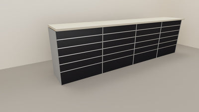 Banco cassa espositivo da negozio con pannello dogato cm. 368x64x106h