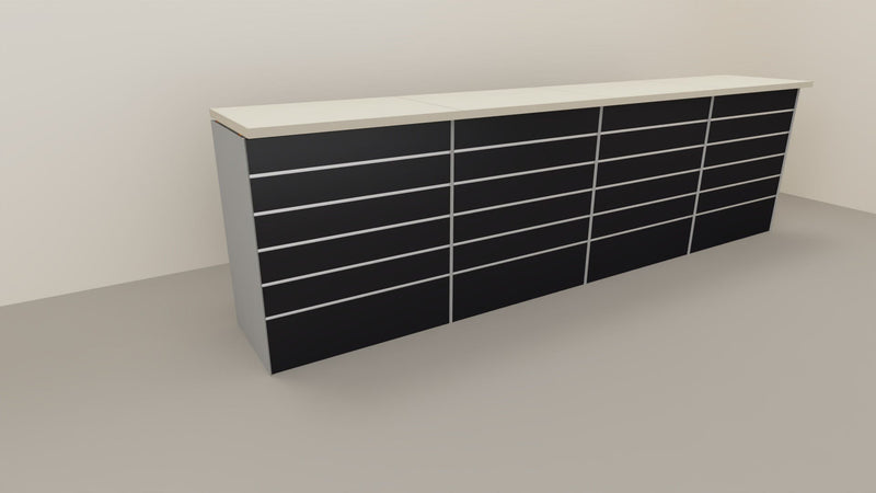 Banco cassa espositivo da negozio con pannello dogato cm. 368x64x106h