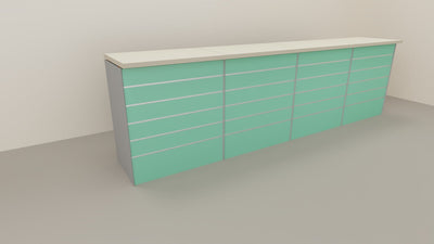 Banco cassa espositivo da negozio con pannello dogato cm. 368x64x106h