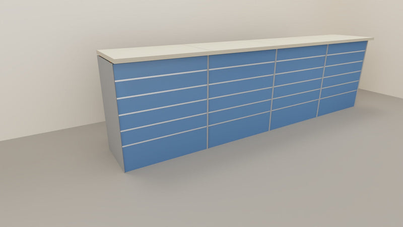 Banco cassa espositivo da negozio con pannello dogato cm. 368x64x106h