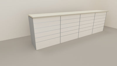 Banco cassa espositivo da negozio con pannello dogato cm. 368x64x106h