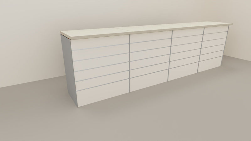 Banco cassa espositivo da negozio con pannello dogato cm. 368x64x106h