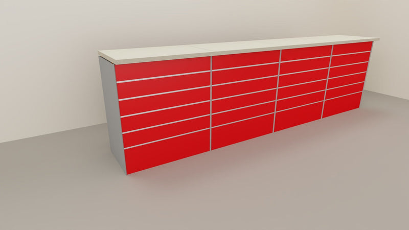 Banco cassa espositivo da negozio con pannello dogato cm. 368x64x106h