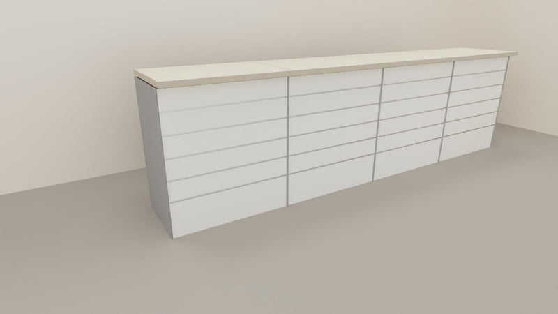 Banco cassa espositivo da negozio con pannello dogato cm. 368x64x106h