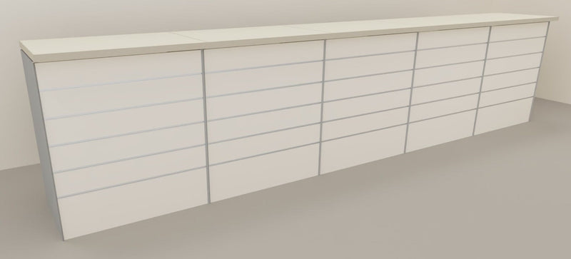 Banco vendita da esposizione con pannello dogato verniciato cm. 460x64x106h