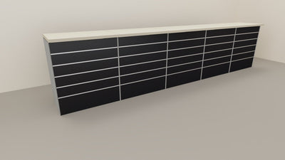 Banco vendita da esposizione con pannello dogato verniciato cm. 460x64x106h