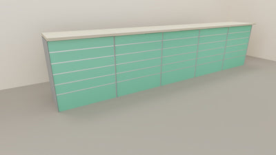 Banco vendita da esposizione con pannello dogato verniciato cm. 460x64x106h