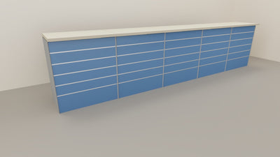 Banco vendita da esposizione con pannello dogato verniciato cm. 460x64x106h