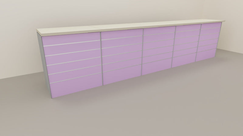 Banco vendita da esposizione con pannello dogato verniciato cm. 460x64x106h