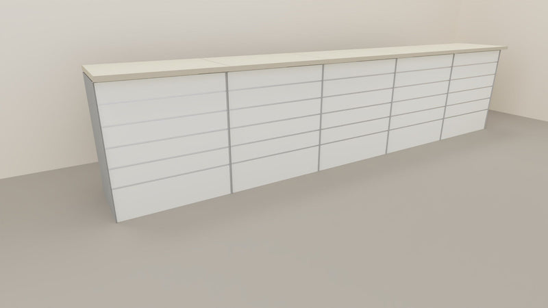 Banco vendita da esposizione con pannello dogato verniciato cm. 460x64x106h