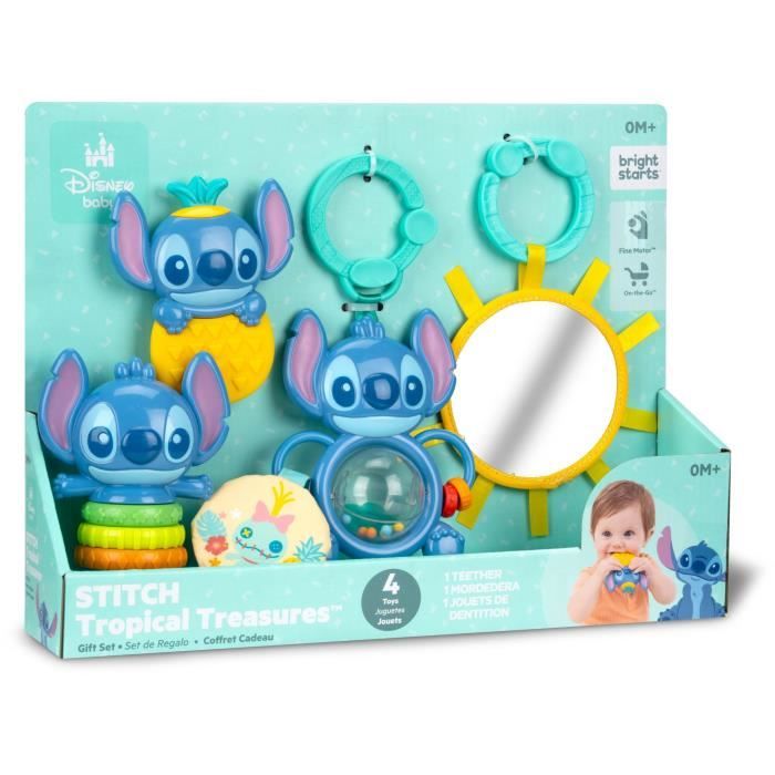 DISNEY BABY - STITCH - Set regalo nascita - 4 giocattoli per neonati, sonaglio, anello da dentizione, giocattoli multisensoriali