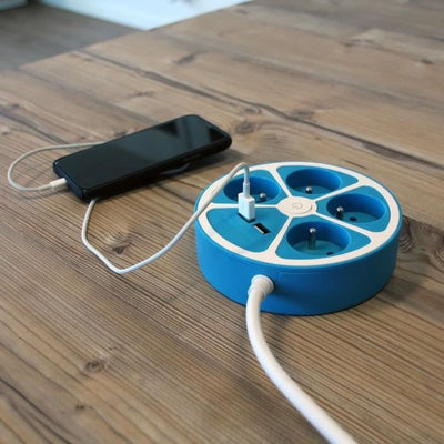 Multipresa design circolare - CHACON - 4X16 A - Cavo 1,5 m - Con 2 USB-A + Switch - Blu