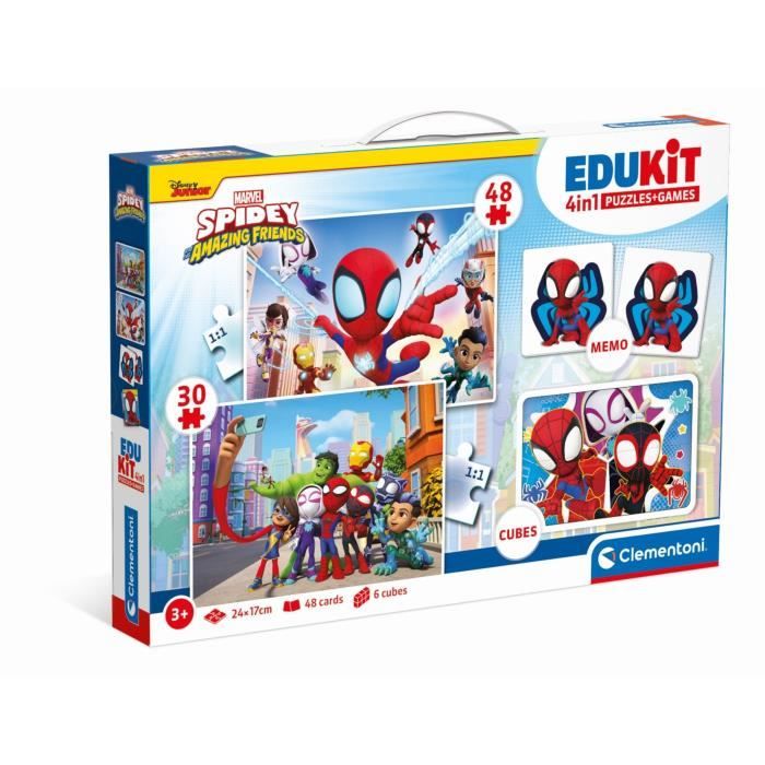 Clementoni - Edukit - Cofanetto Spidey 4 in 1 - Un puzzle da 30 e 48 pezzi, un promemoria e sei cubi - Dai 4 anni in su
