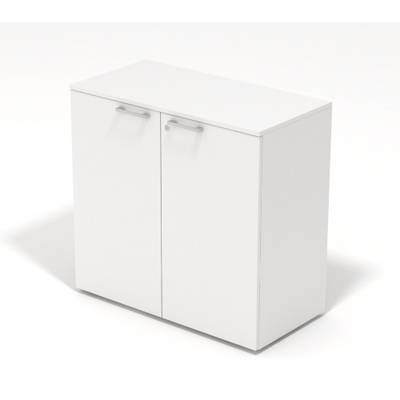 Composizione arredi operativi con scrivania moderna con struttura metallica, mobile con 2 ante battenti e poltroncina girevole