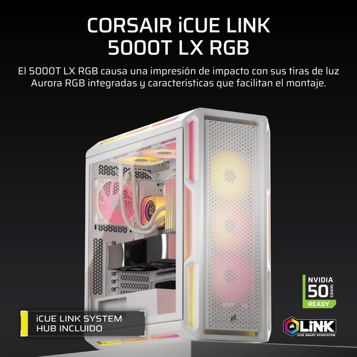 Case PC ATX - CORSAIR - 5000T LX RGB - 3 ventole LX120 RGB - Illuminazione Aurora RGB - Bianco