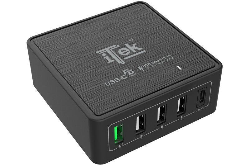 Caricabatteria da tavolo da 60W- 13.2A(2x3A- 3x2.4A) con 5 porte: 1xUSB-C PD- 3xUSB Smart- 1xQC3.0- Smart IC