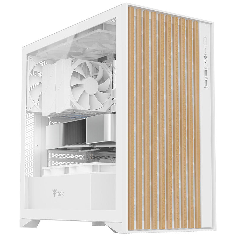 Case WOODY - Gaming Tower- ATX- 3x14cm White fan- 2xUSB3- Type-C- Wood Front- Temp Glass Side Panel- White Edtion