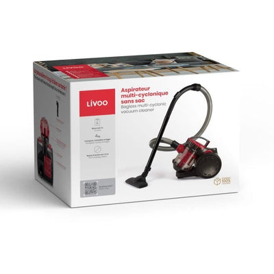 Aspirapolvere multiciclonico senza sacco - LIVOO DOH105R - 700 W - 2 L - 78 dB - Filtro lavabile - Ugello 2 in 1 - Rosso / Nero