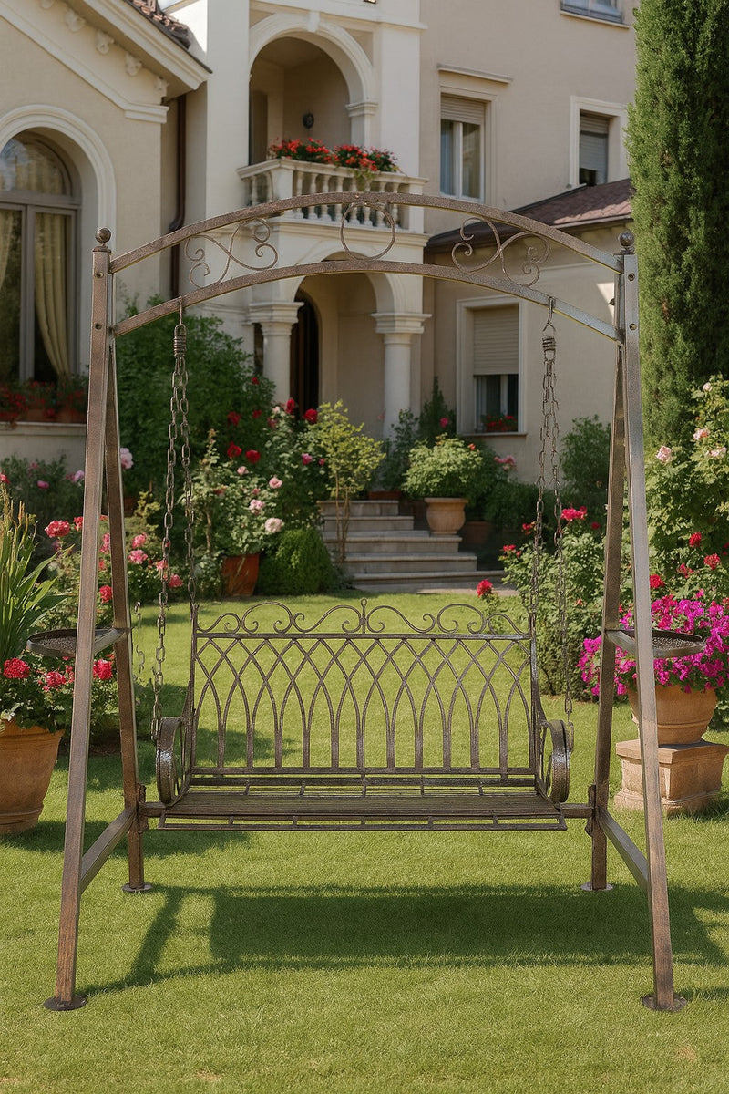 Biscottini Dondolo a due posti in ferro battuto finitura ruggine anticata L198xPR100xH220 cm